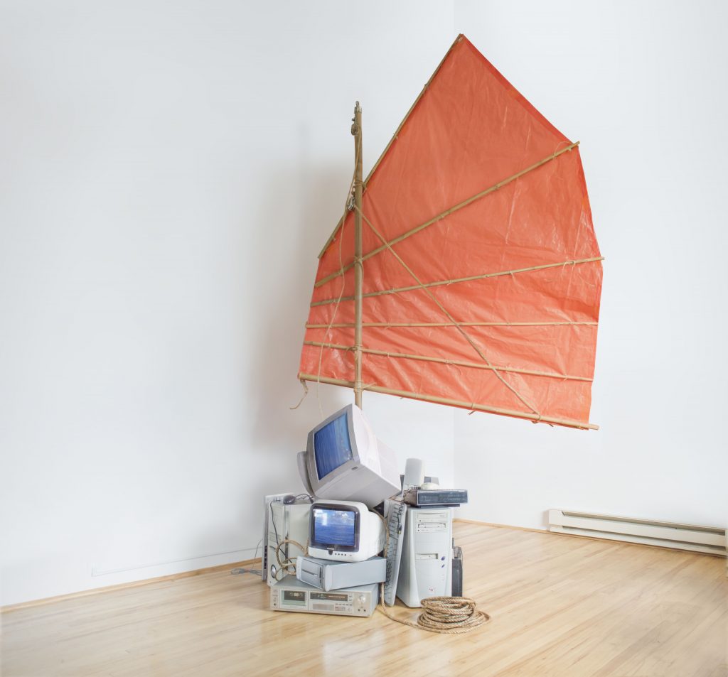 Joe Hedges Telepresence electronics, bamboo, plastic tarp, rope 250cm x 150cm x 150cm 2016